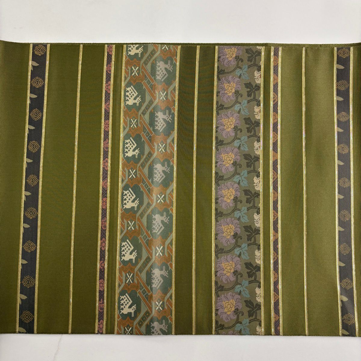 【美品】 袋帶 秀品級 縞花 金金箔 鶯色 大鼓圖案 純蠶絲
