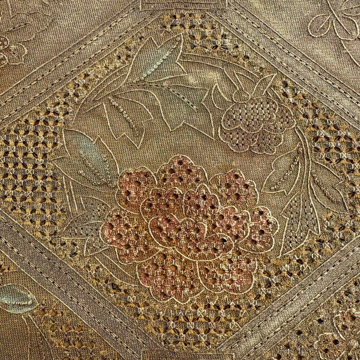 袋帶 秀品級 蜀江文 花丸文 金金箔 刺繡 茶 純蠶絲
