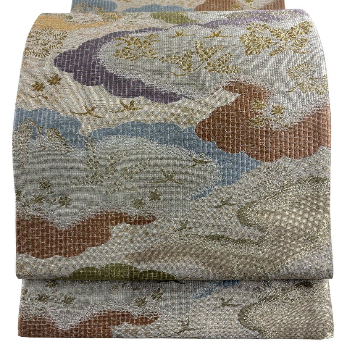 【美品】 袋帶 秀品級 雲文 花鳥 金金箔 金銀彩 米色 六通 純蠶絲