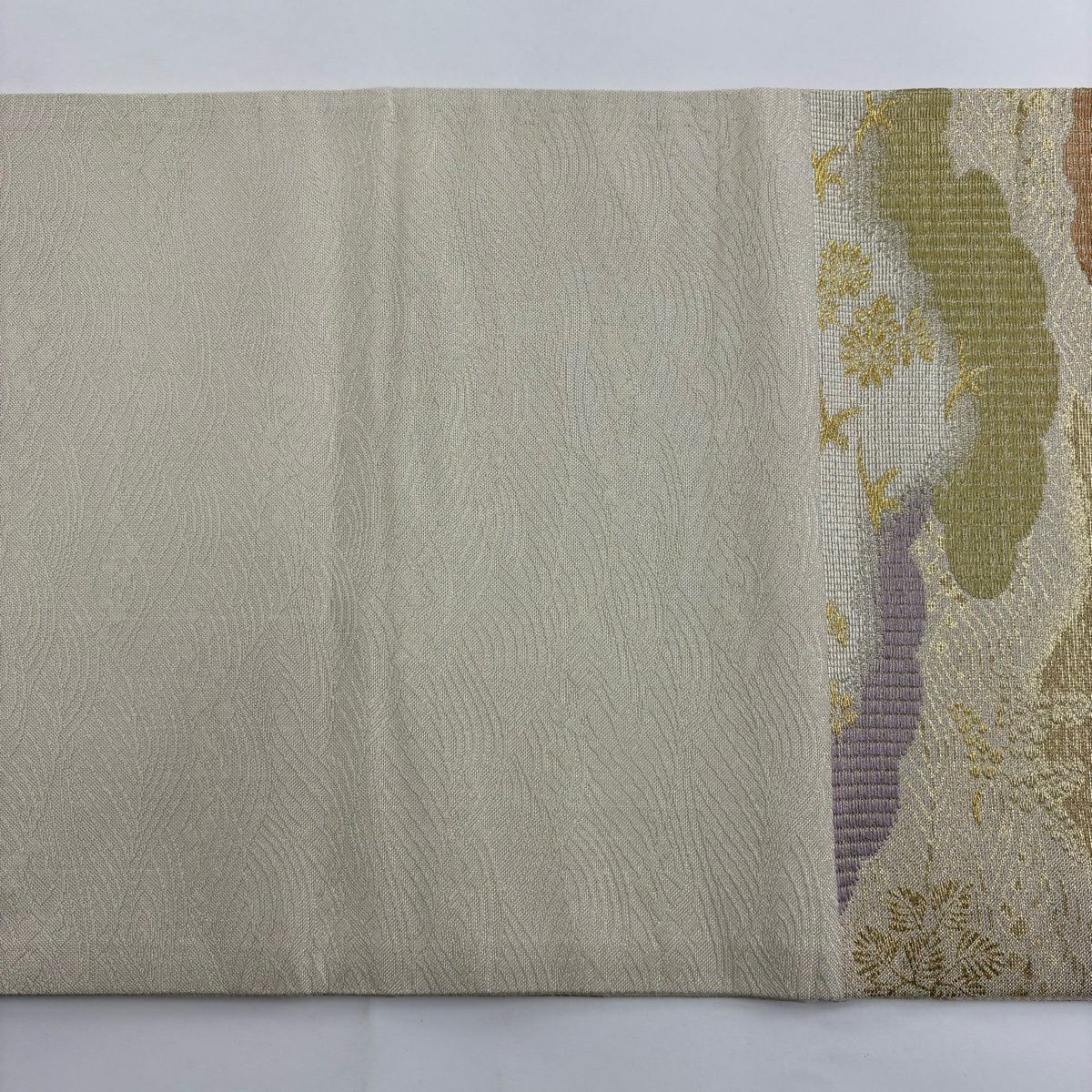 【美品】 袋帶 秀品級 雲文 花鳥 金金箔 金銀彩 米色 六通 純蠶絲