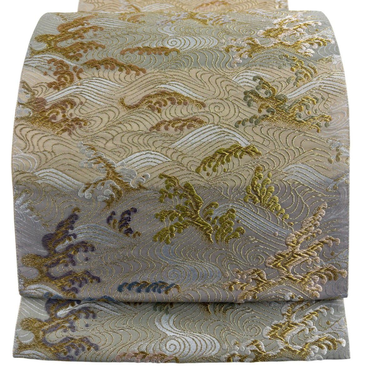 【美品】 袋帶 秀品級 波 波頭 金絲 刺繡 米色 六通 純蠶絲