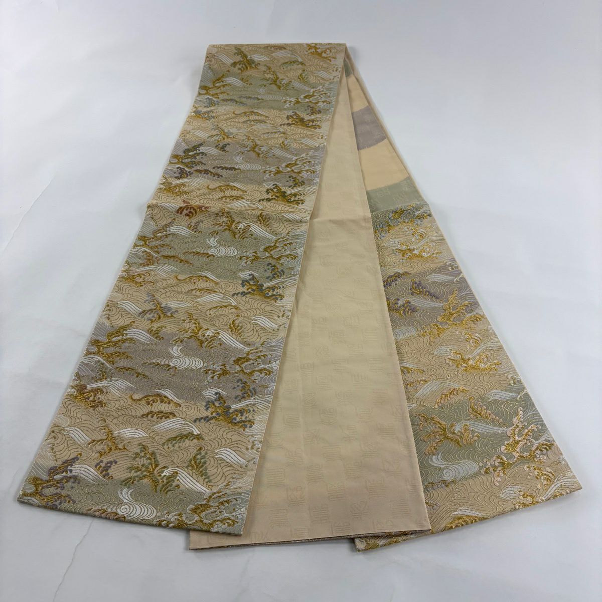 【美品】 袋帶 秀品級 波 波頭 金絲 刺繡 米色 六通 純蠶絲