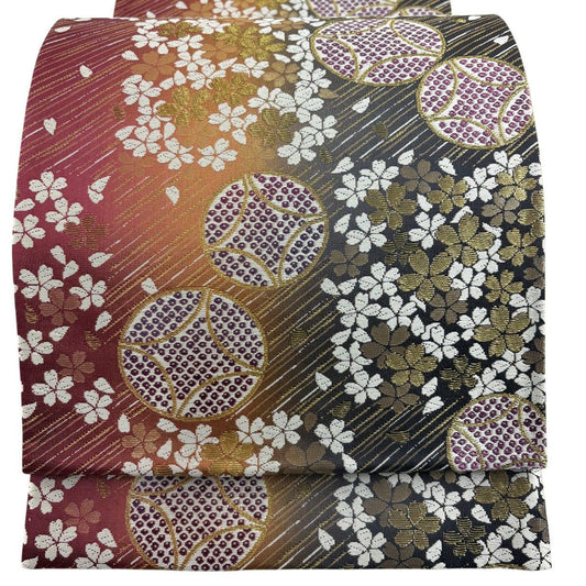 【美品】 袋帶 優品級 振袖禮服禮服用 櫻花 七寶紋 金金箔 金絲 紅茶 六通 純蠶絲