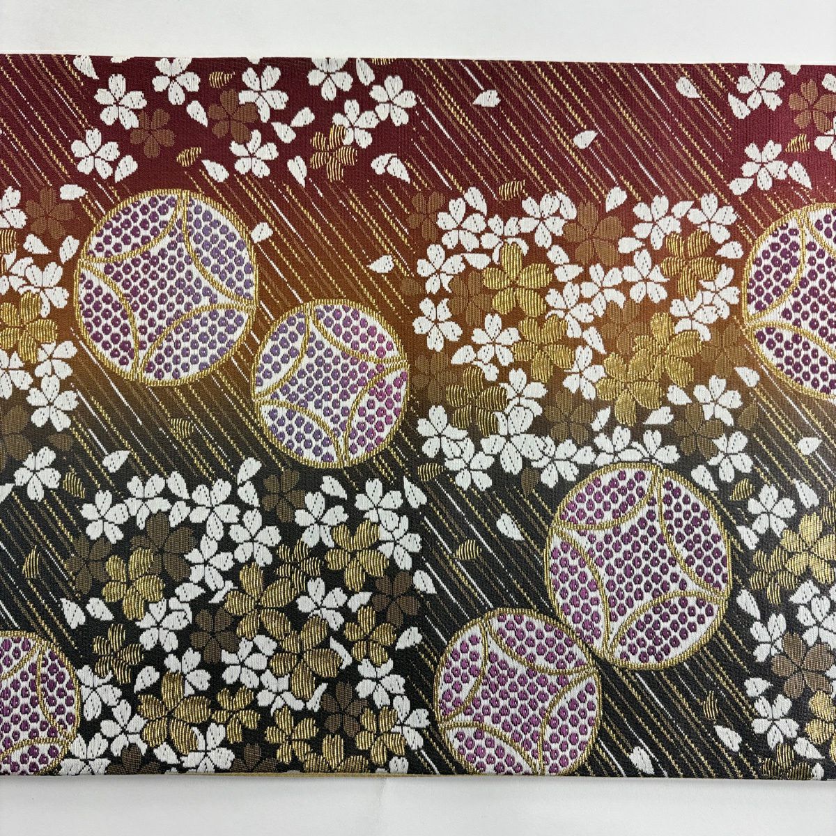 【美品】 袋帶 優品級 振袖禮服禮服用 櫻花 七寶紋 金金箔 金絲 紅茶 六通 純蠶絲