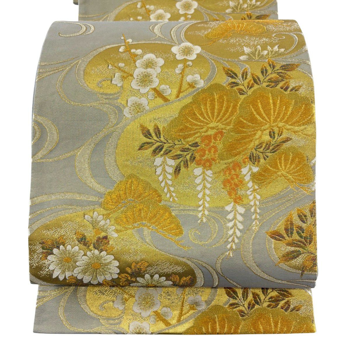 【美品】 袋帶 秀品級 松樹梅花 藤 金銀彩 金金箔 灰色 六通 純蠶絲