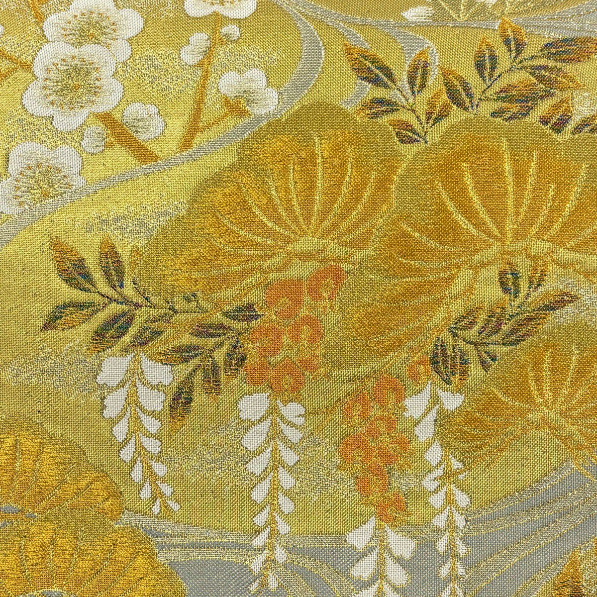 【美品】 袋帶 秀品級 松樹梅花 藤 金銀彩 金金箔 灰色 六通 純蠶絲