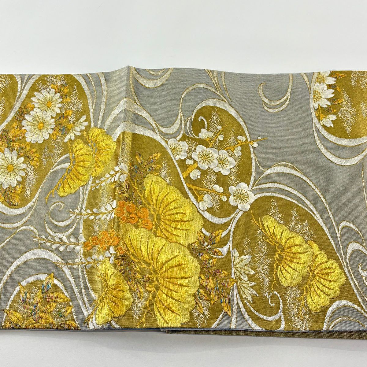 【美品】 袋帶 秀品級 松樹梅花 藤 金銀彩 金金箔 灰色 六通 純蠶絲