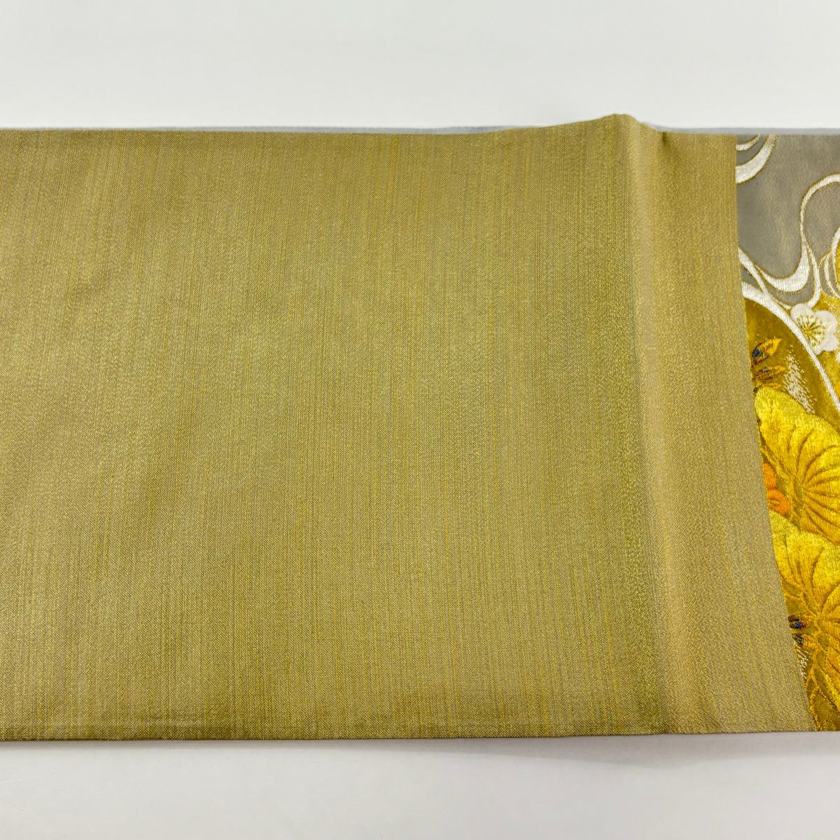 【美品】 袋帶 秀品級 松樹梅花 藤 金銀彩 金金箔 灰色 六通 純蠶絲