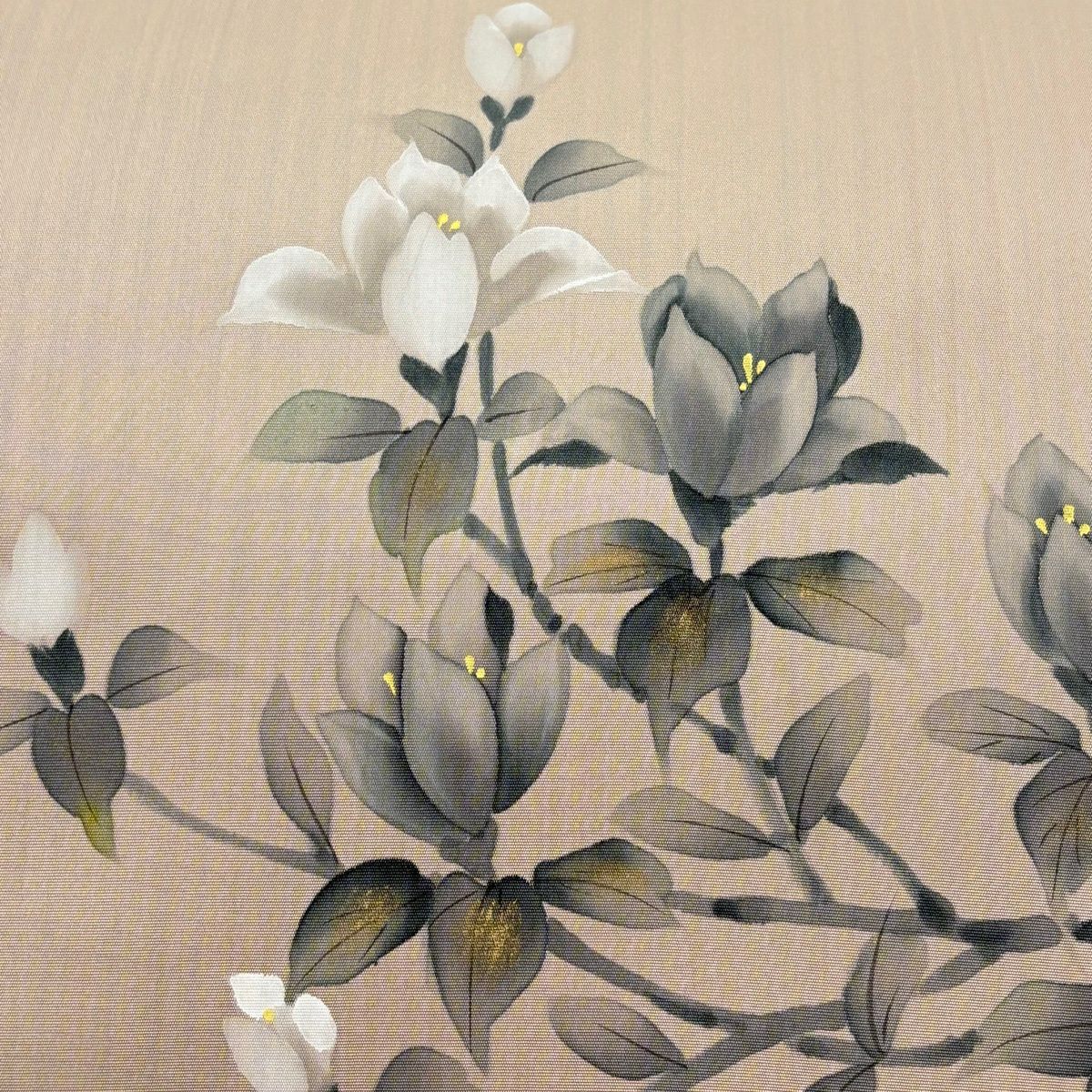 【美品】 名古屋帶 秀品級 附有落款 枝花 金彩裝飾 薄小豆 純蠶絲