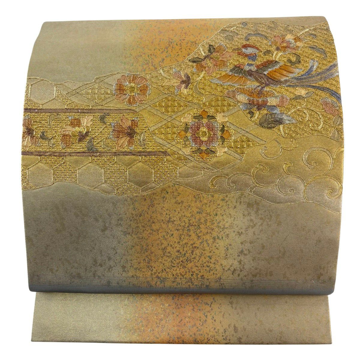 【美品】名古屋帶 秀品級 鳥 草花紋刺繡 金銀彩 金色 純蠶絲