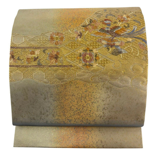 【美品】名古屋帶 秀品級 鳥 草花紋刺繡 金銀彩 金色 純蠶絲