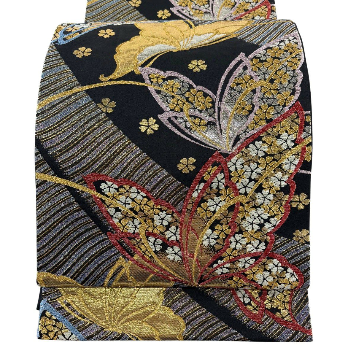 【美品】 袋帶 秀品級 蝶花 金絲 金金箔 黑 六通 純蠶絲