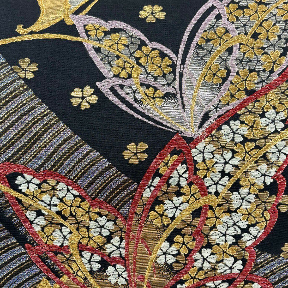 【美品】 袋帶 秀品級 蝶花 金絲 金金箔 黑 六通 純蠶絲