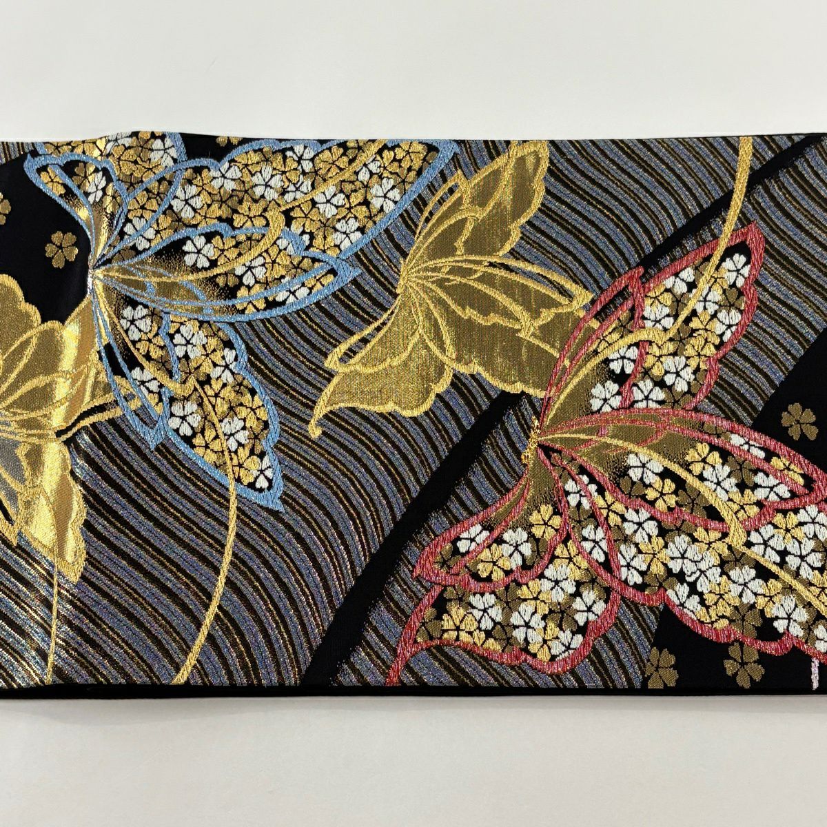 【美品】 袋帶 秀品級 蝶花 金絲 金金箔 黑 六通 純蠶絲