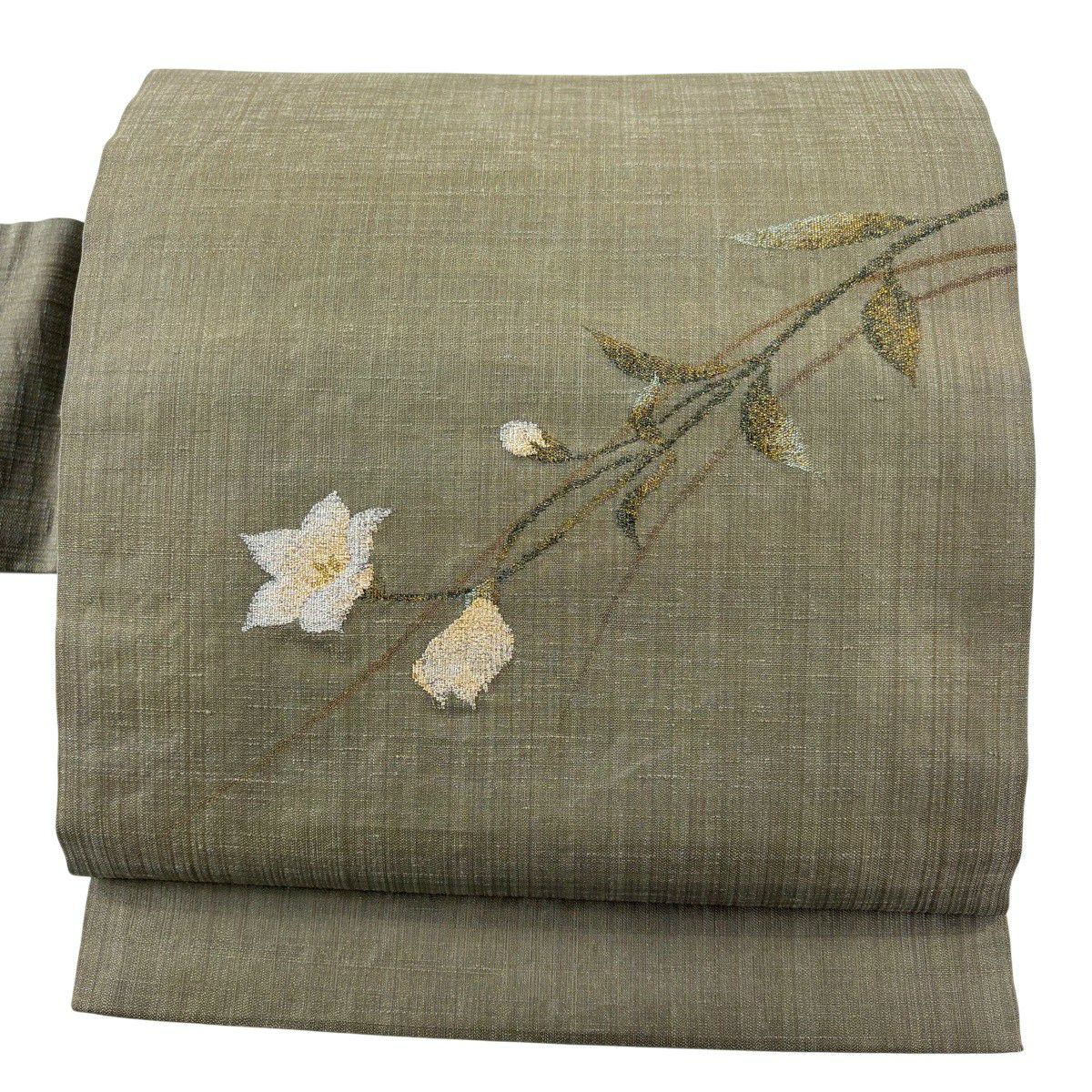 【美品】名古屋帶 秀品級 草花紋 金糸 金金箔 茶綠 純蠶絲