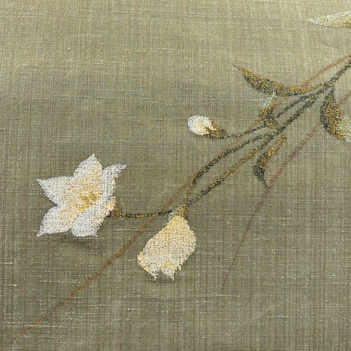 【美品】名古屋帶 秀品級 草花紋 金糸 金金箔 茶綠 純蠶絲