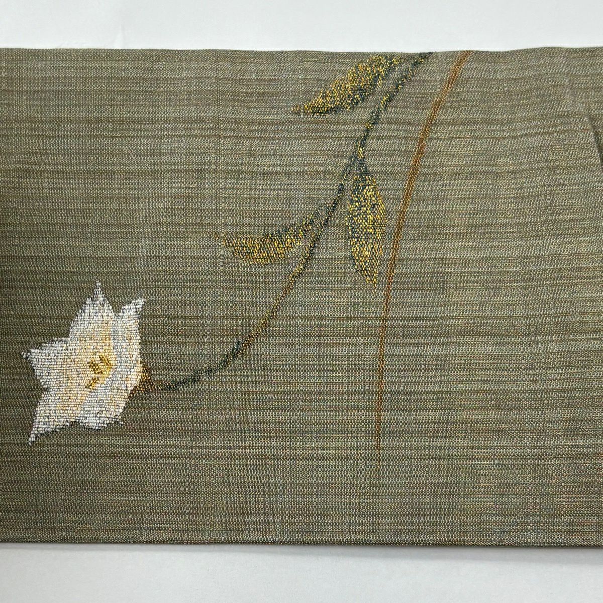 【美品】名古屋帶 秀品級 草花紋 金糸 金金箔 茶綠 純蠶絲