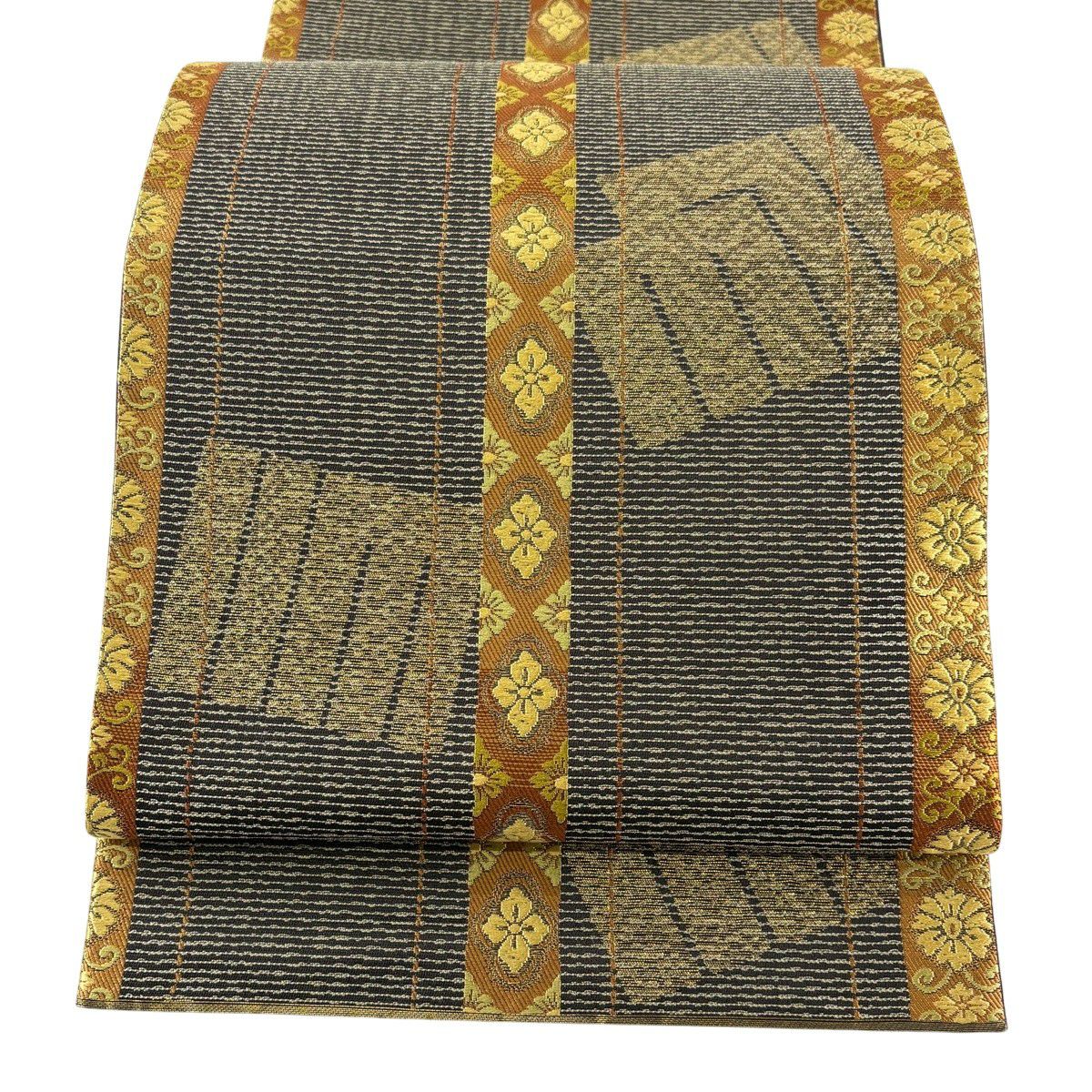 【美品】 袋帶 秀品級 源氏香 花唐草紋 金金箔 金絲 焦茶 六通 純蠶絲
