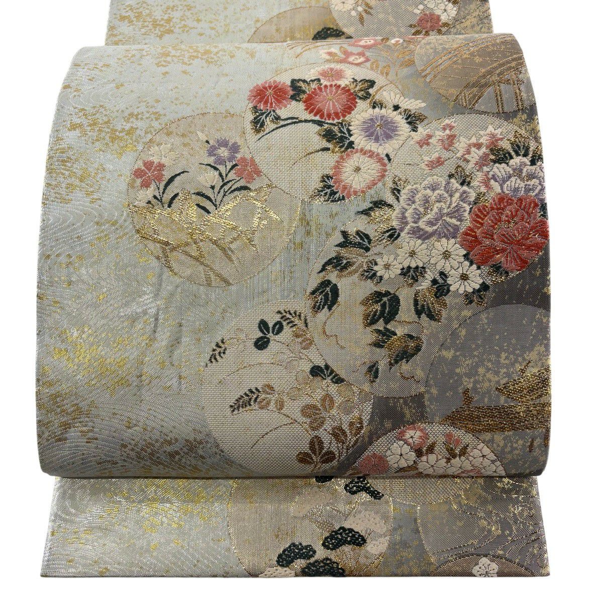【美品】 袋帶 秀品級 草花紋 流水 金金箔 灰 深藍 六通 純蠶絲