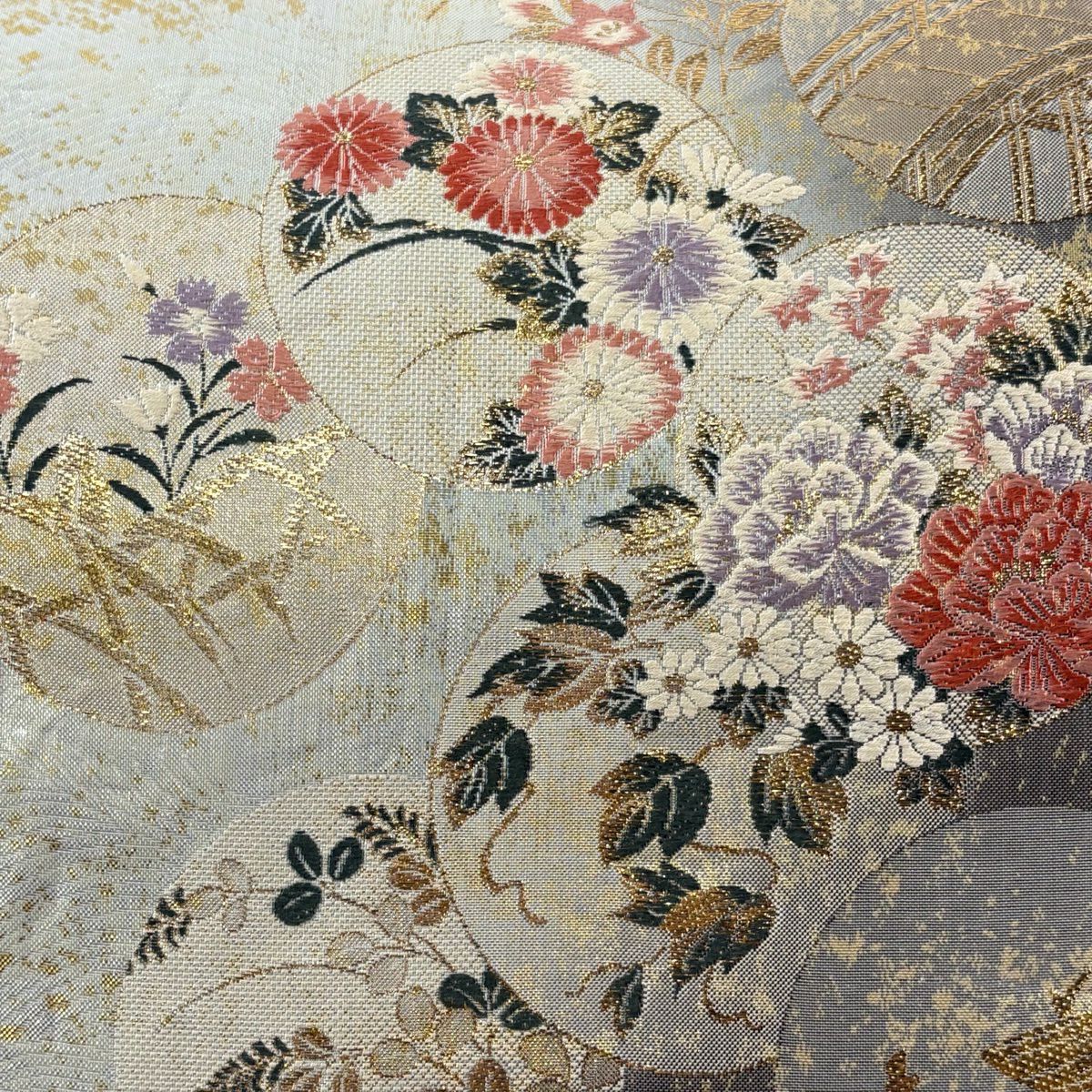 【美品】 袋帶 秀品級 草花紋 流水 金金箔 灰 深藍 六通 純蠶絲