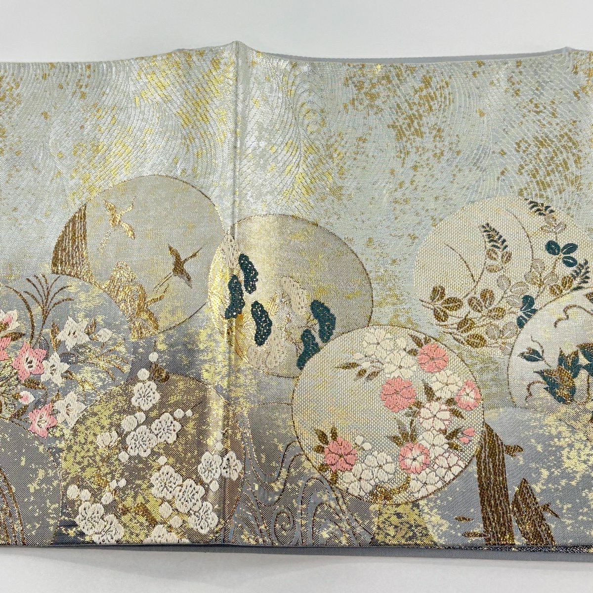 【美品】 袋帶 秀品級 草花紋 流水 金金箔 灰 深藍 六通 純蠶絲