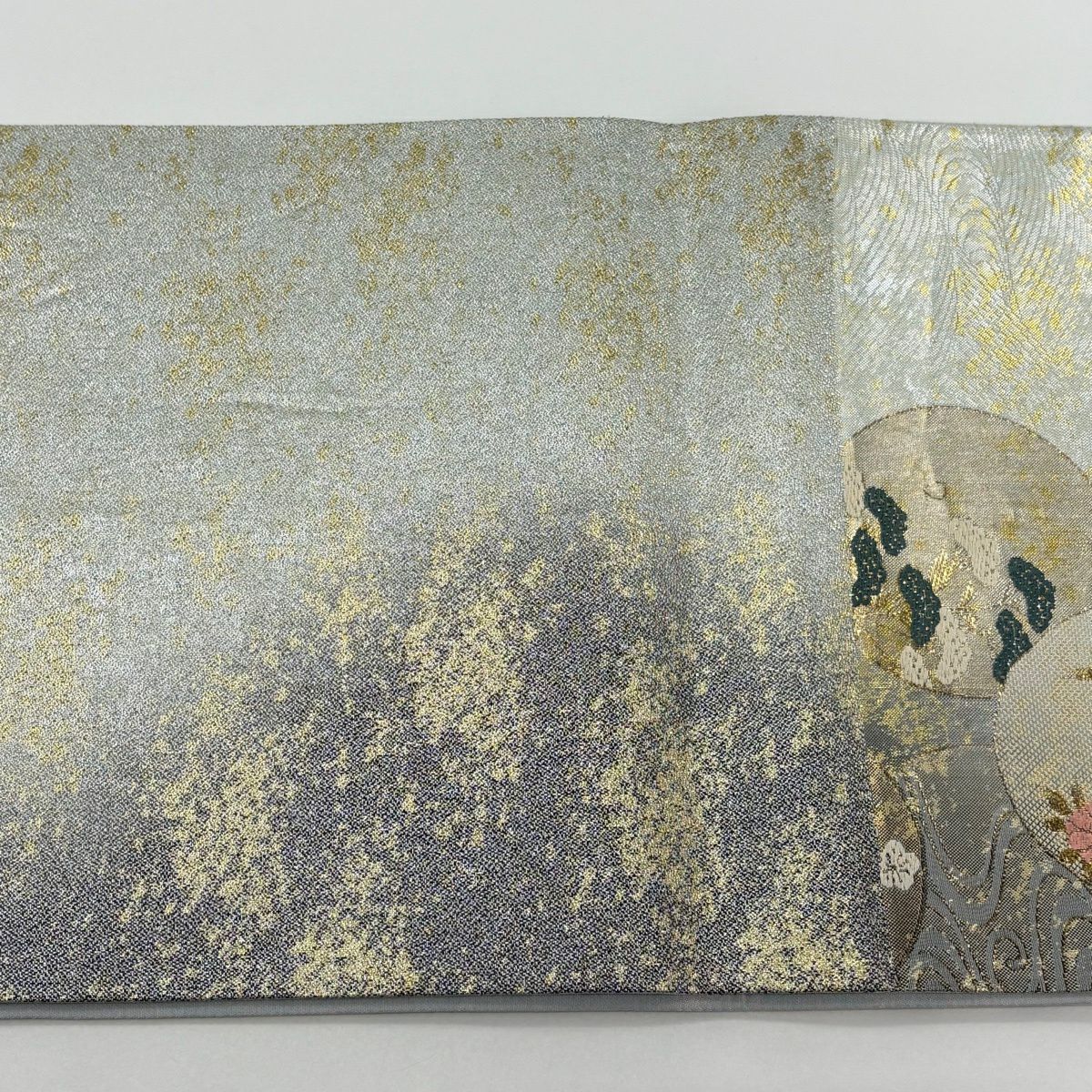 【美品】 袋帶 秀品級 草花紋 流水 金金箔 灰 深藍 六通 純蠶絲