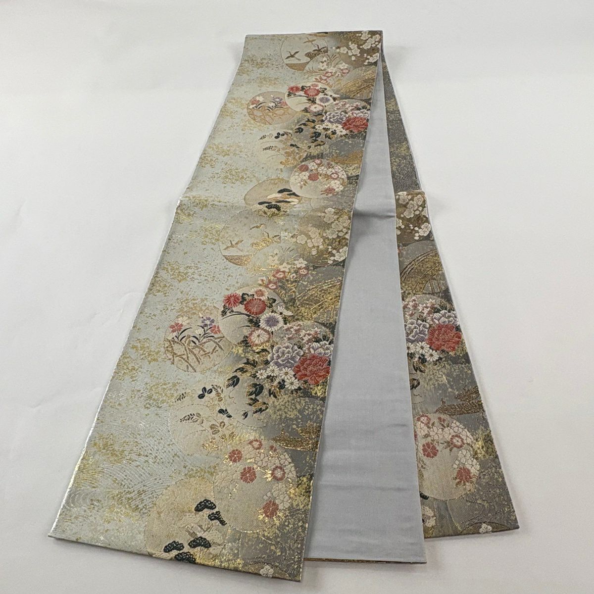 【美品】 袋帶 秀品級 草花紋 流水 金金箔 灰 深藍 六通 純蠶絲