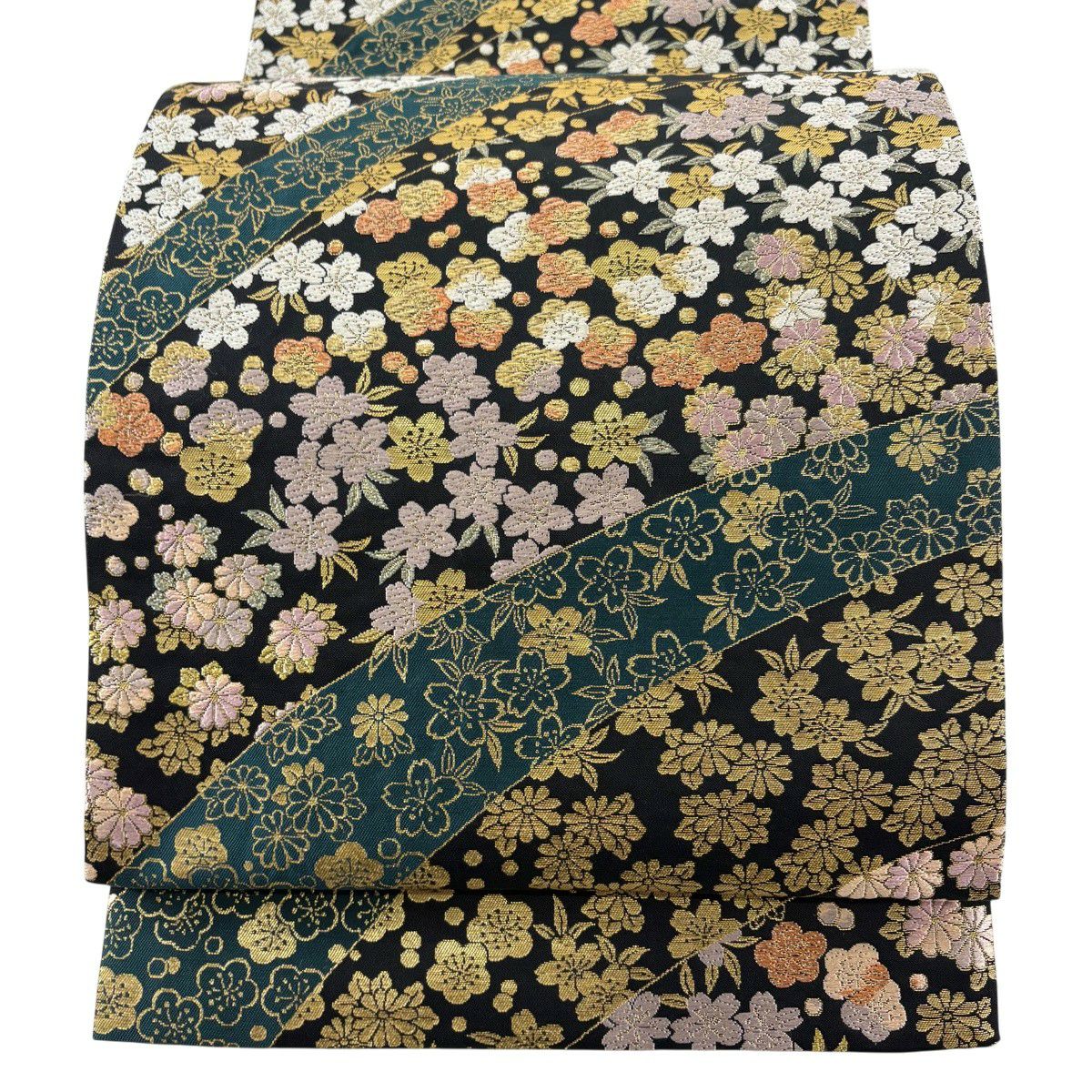 【美品】 袋帶 秀品級 色物語 梅花 櫻花 金金箔 唐織 黑 全通 純蠶絲