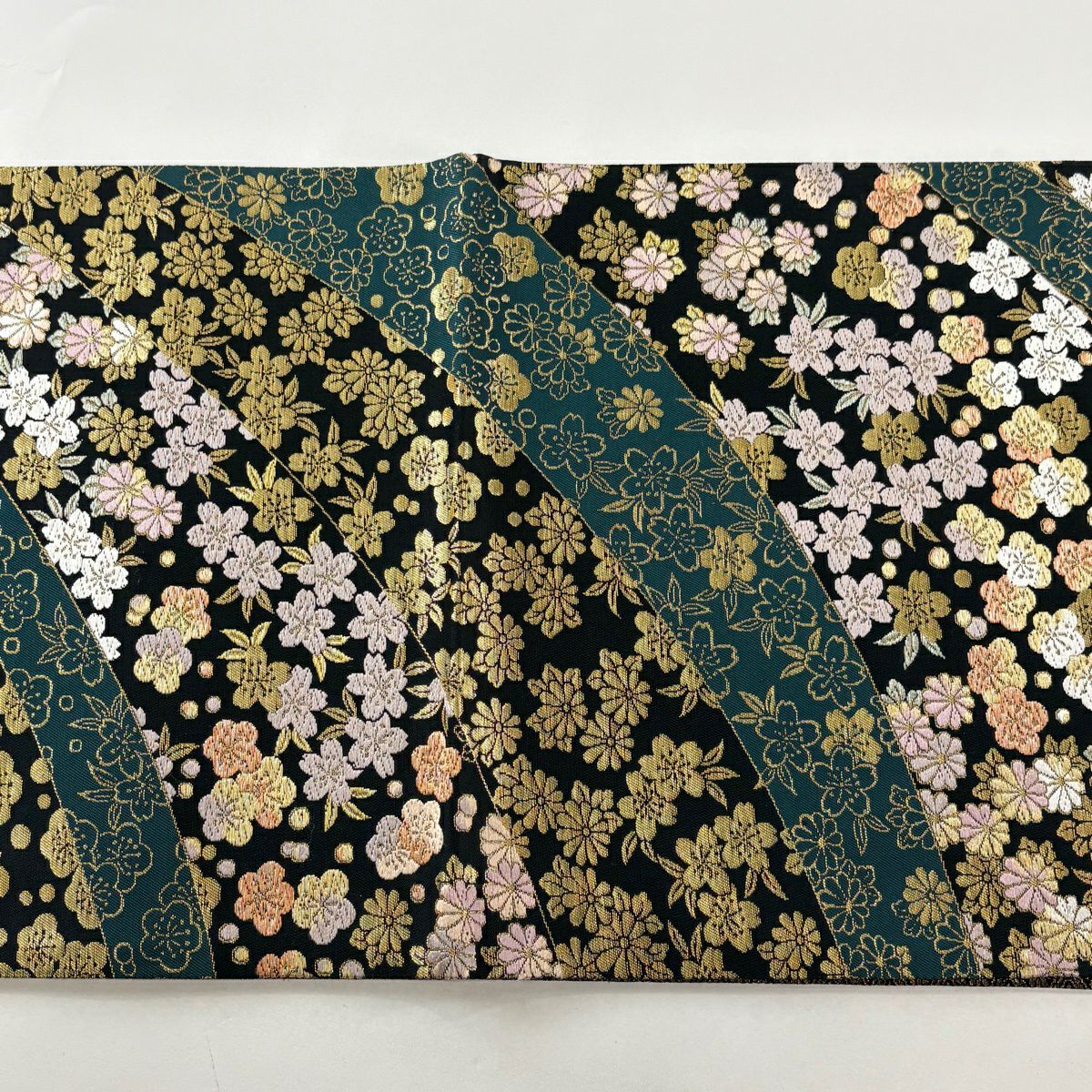 【美品】 袋帶 秀品級 色物語 梅花 櫻花 金金箔 唐織 黑 全通 純蠶絲