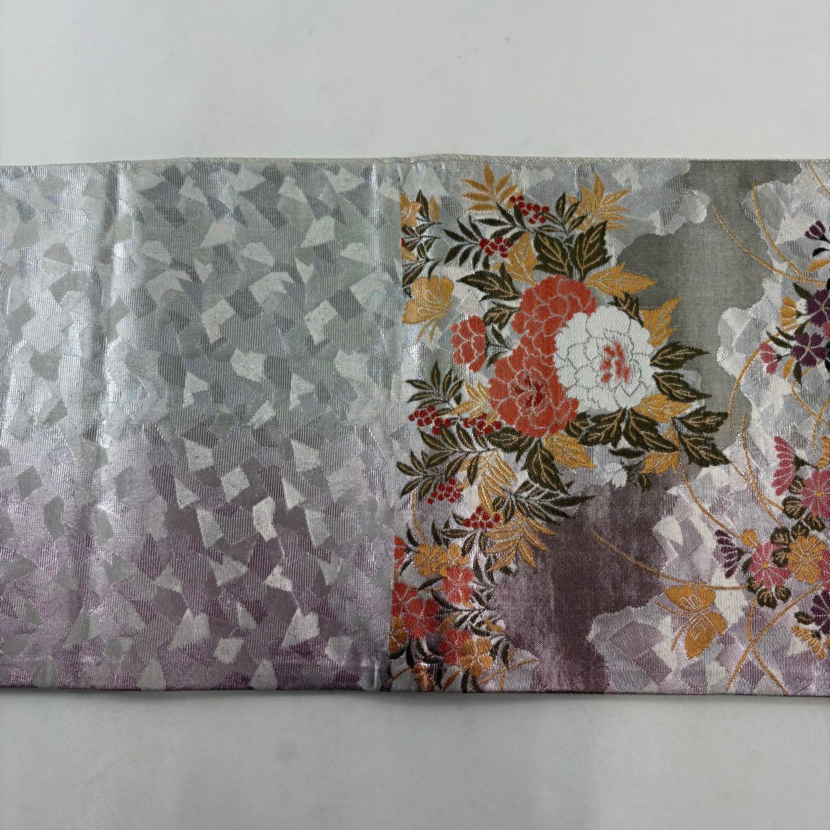 袋帶 秀品級 牡丹 秋草 金銀絲 金金箔 銀 六通 純蠶絲