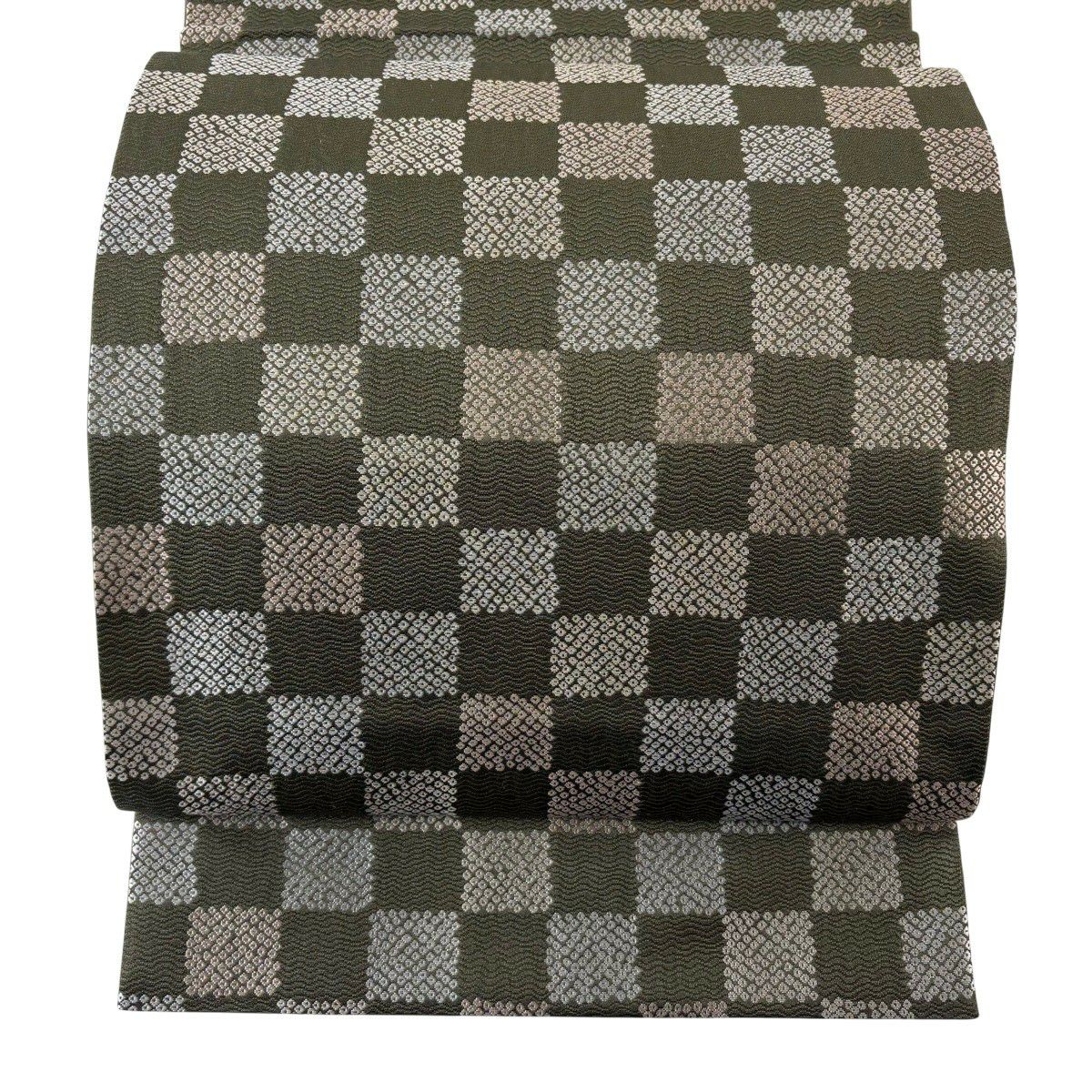 【美品】 袋帶 秀品級 鈴乃屋 市松樹 深綠 六通 純蠶絲