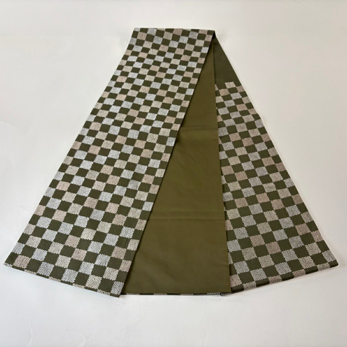 【美品】 袋帶 秀品級 鈴乃屋 市松樹 深綠 六通 純蠶絲