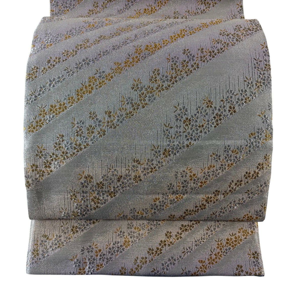 【美品】 袋帶 秀品級 斜紋 小花 金銀彩 金金箔 銀色 六通 純蠶絲
