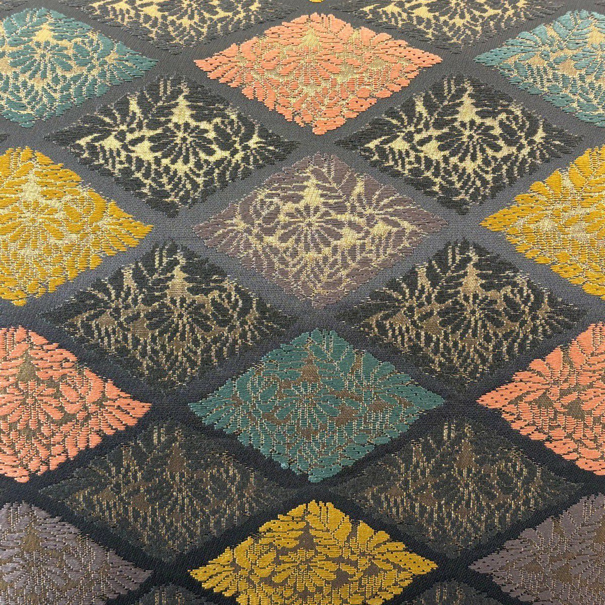 【美品】 袋帶 秀品級 花菱 金金箔 墨 深藍 六通 純蠶絲
