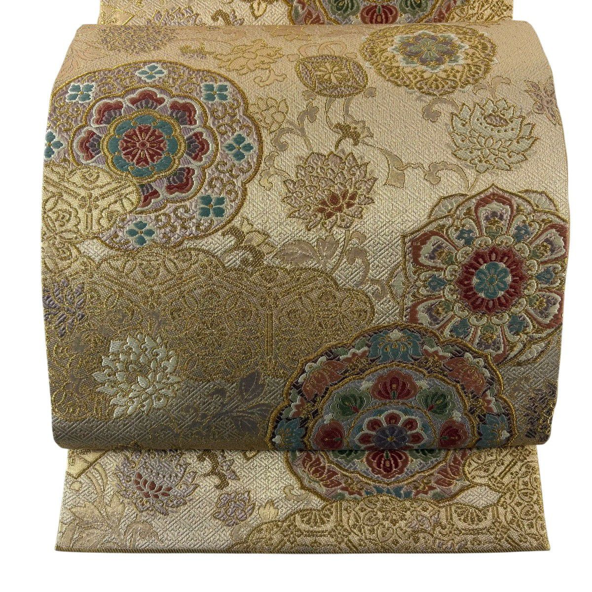 【美品】 袋帶 秀品級 舞大壽贈文 華紋 金絲 金金箔 米色 六通 純蠶絲