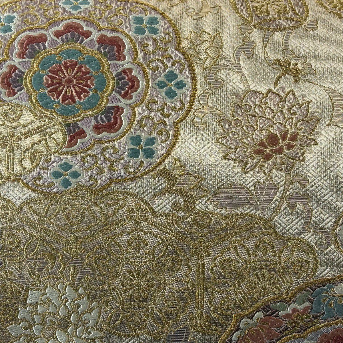 【美品】 袋帶 秀品級 舞大壽贈文 華紋 金絲 金金箔 米色 六通 純蠶絲