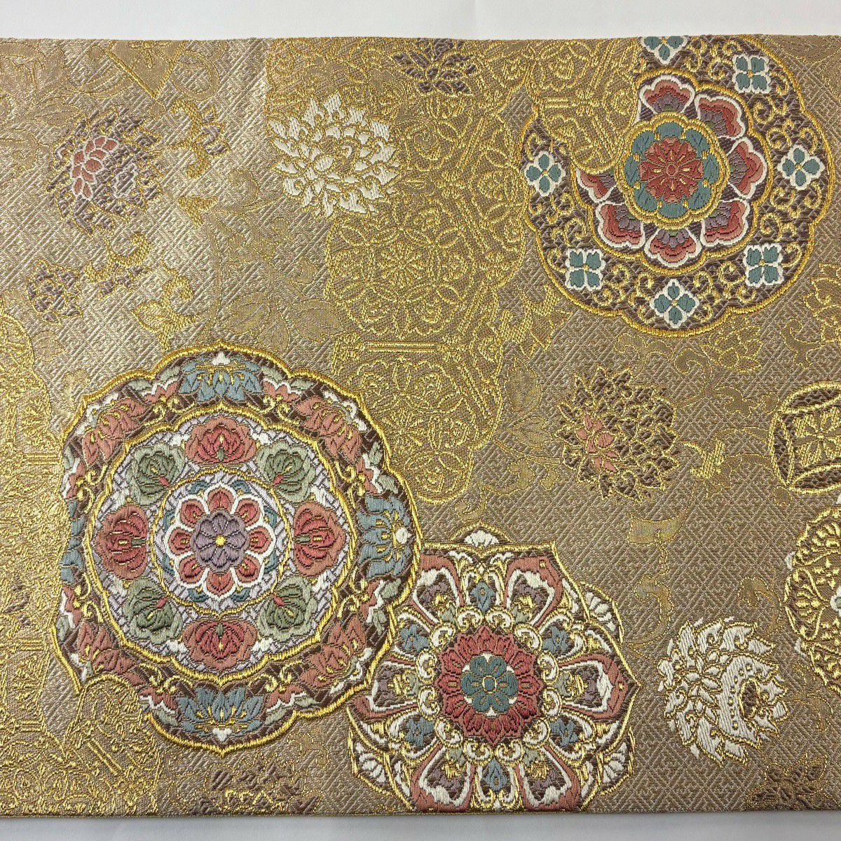 【美品】 袋帶 秀品級 舞大壽贈文 華紋 金絲 金金箔 米色 六通 純蠶絲
