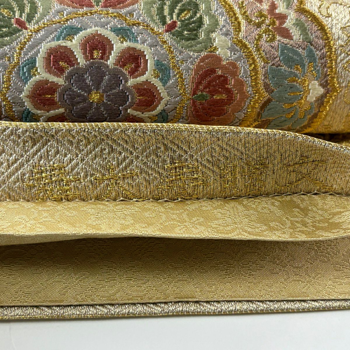【美品】 袋帶 秀品級 舞大壽贈文 華紋 金絲 金金箔 米色 六通 純蠶絲