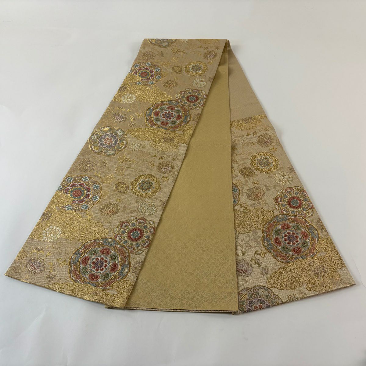 【美品】 袋帶 秀品級 舞大壽贈文 華紋 金絲 金金箔 米色 六通 純蠶絲