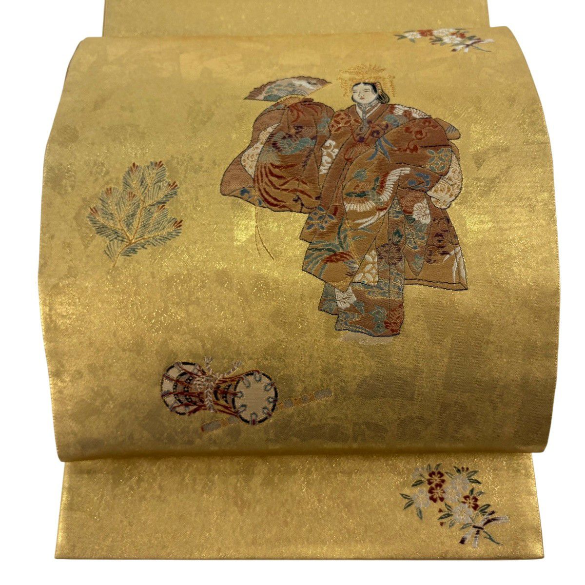 袋帶 逸品級 證書齊全 人物 和樂器 金金箔 金絲 金色 大鼓圖案 純蠶絲