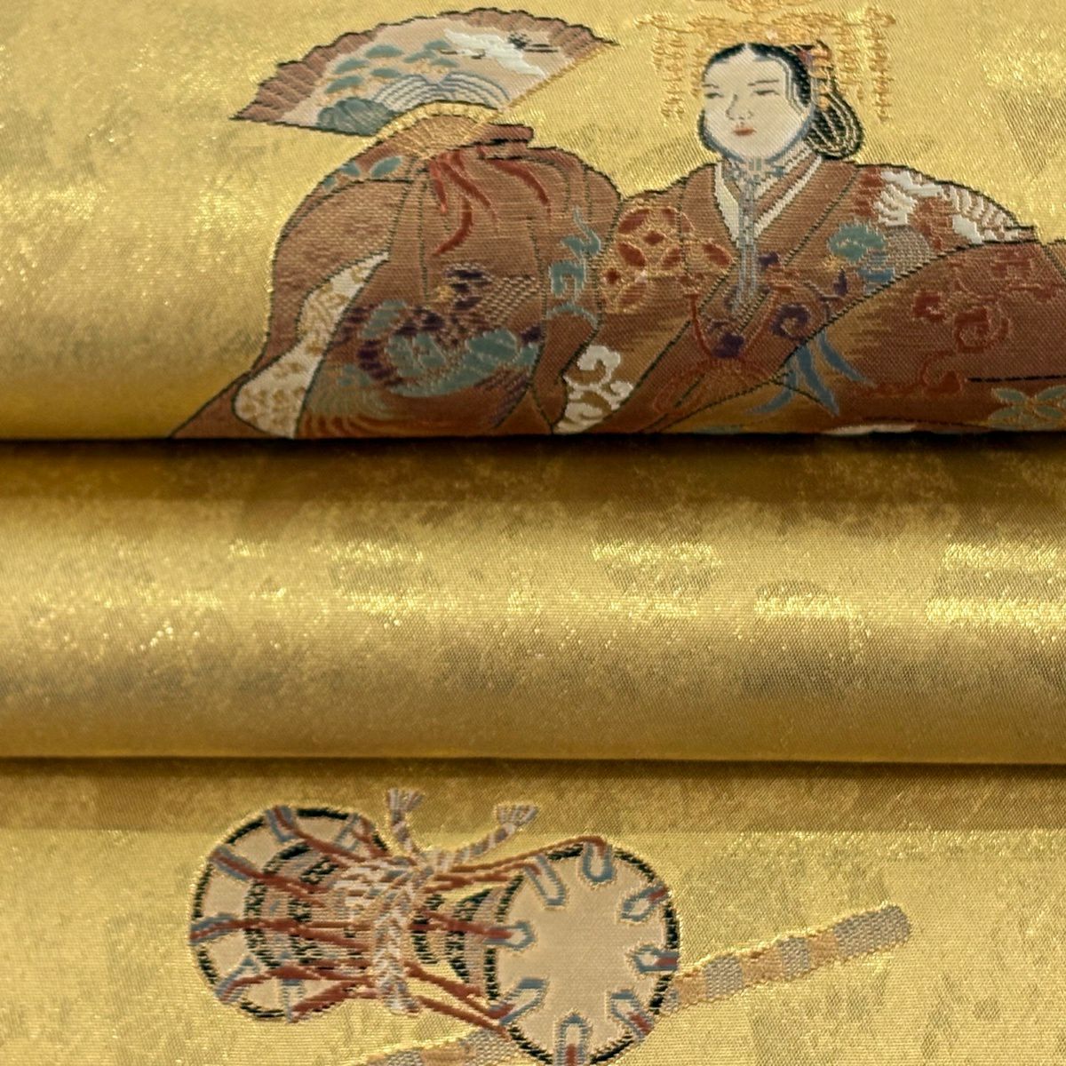 袋帶 逸品級 證書齊全 人物 和樂器 金金箔 金絲 金色 大鼓圖案 純蠶絲