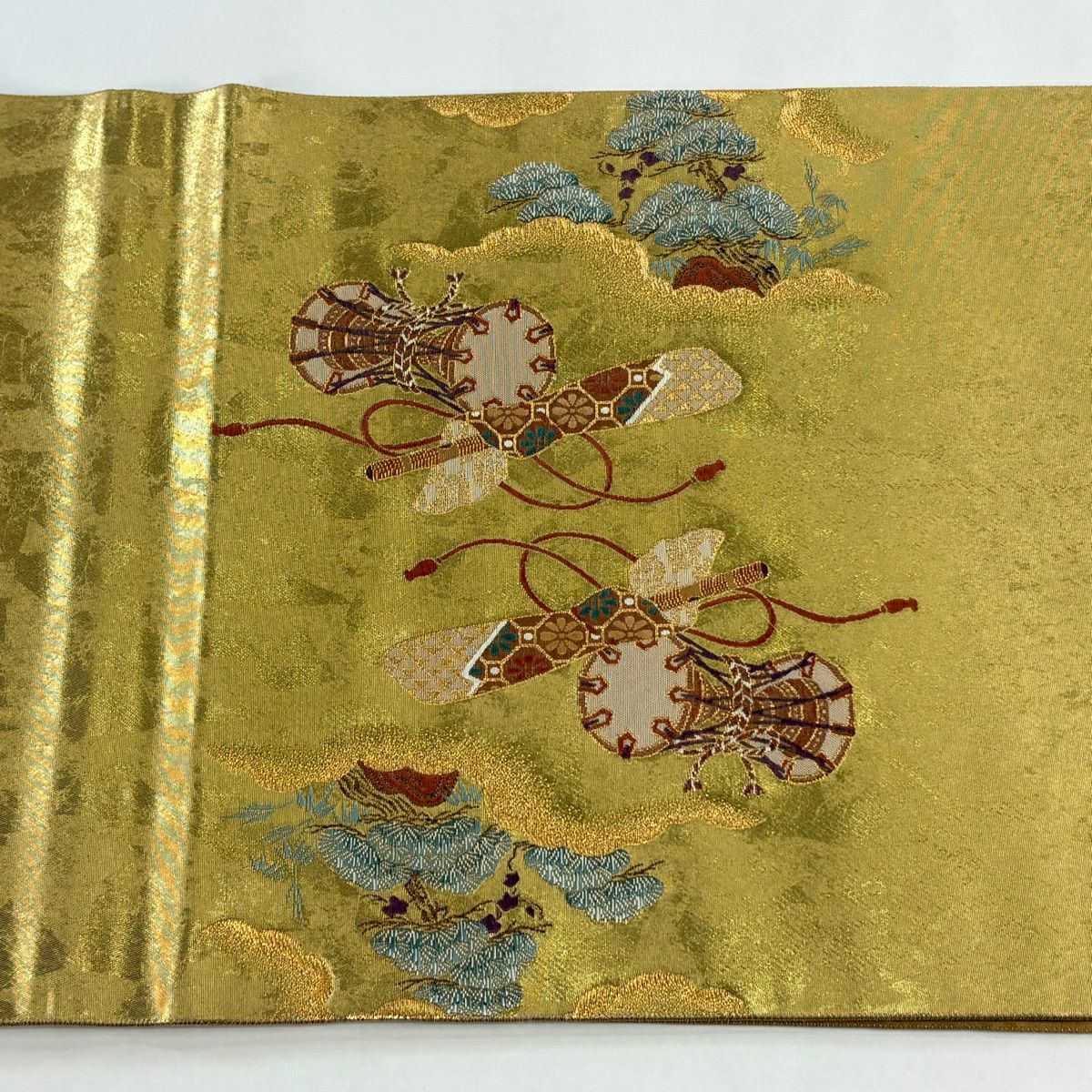 袋帶 逸品級 證書齊全 人物 和樂器 金金箔 金絲 金色 大鼓圖案 純蠶絲