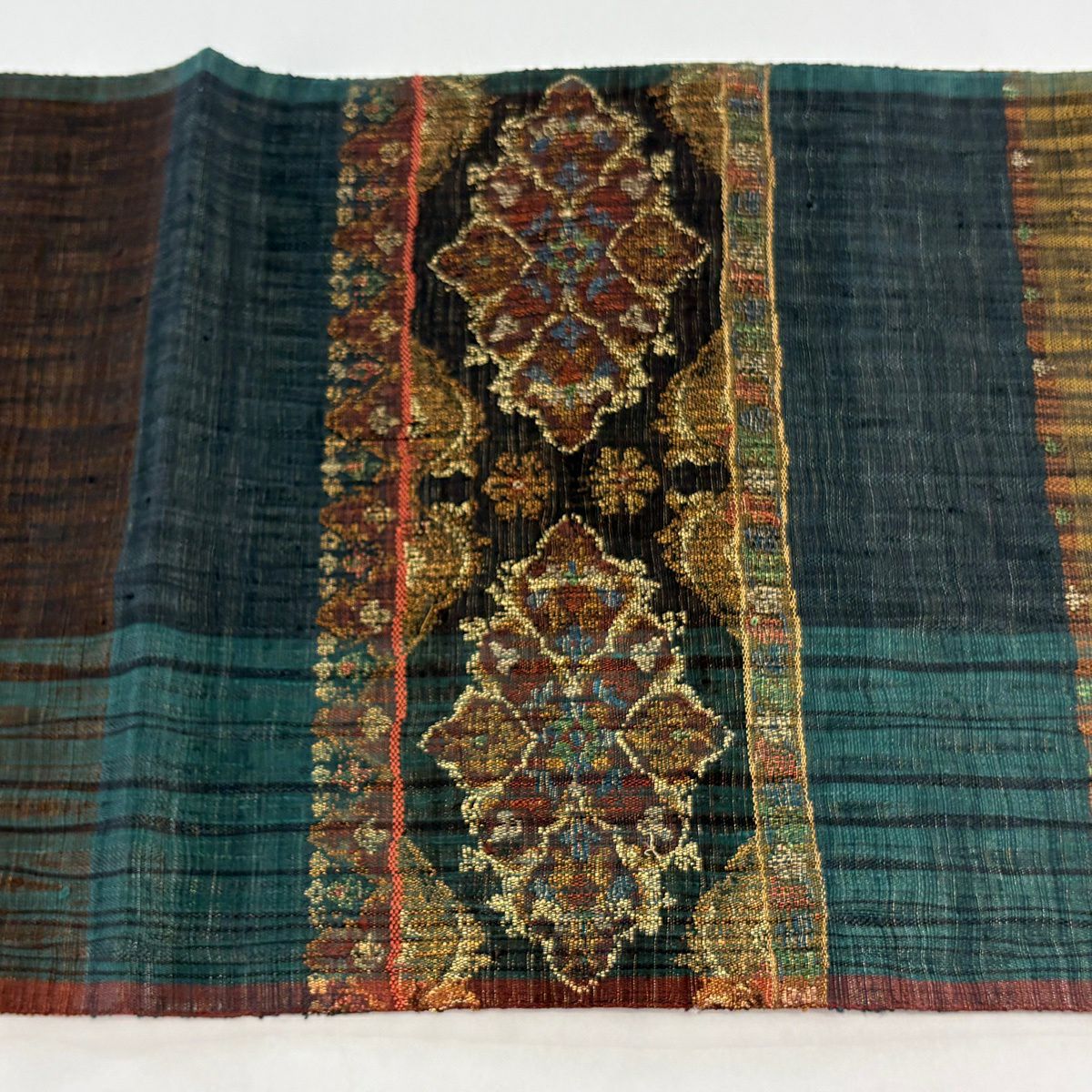 【美品】 袋帶 逸品級 渡文 落款 花菱 橫段 金絲 焦茶 純蠶絲