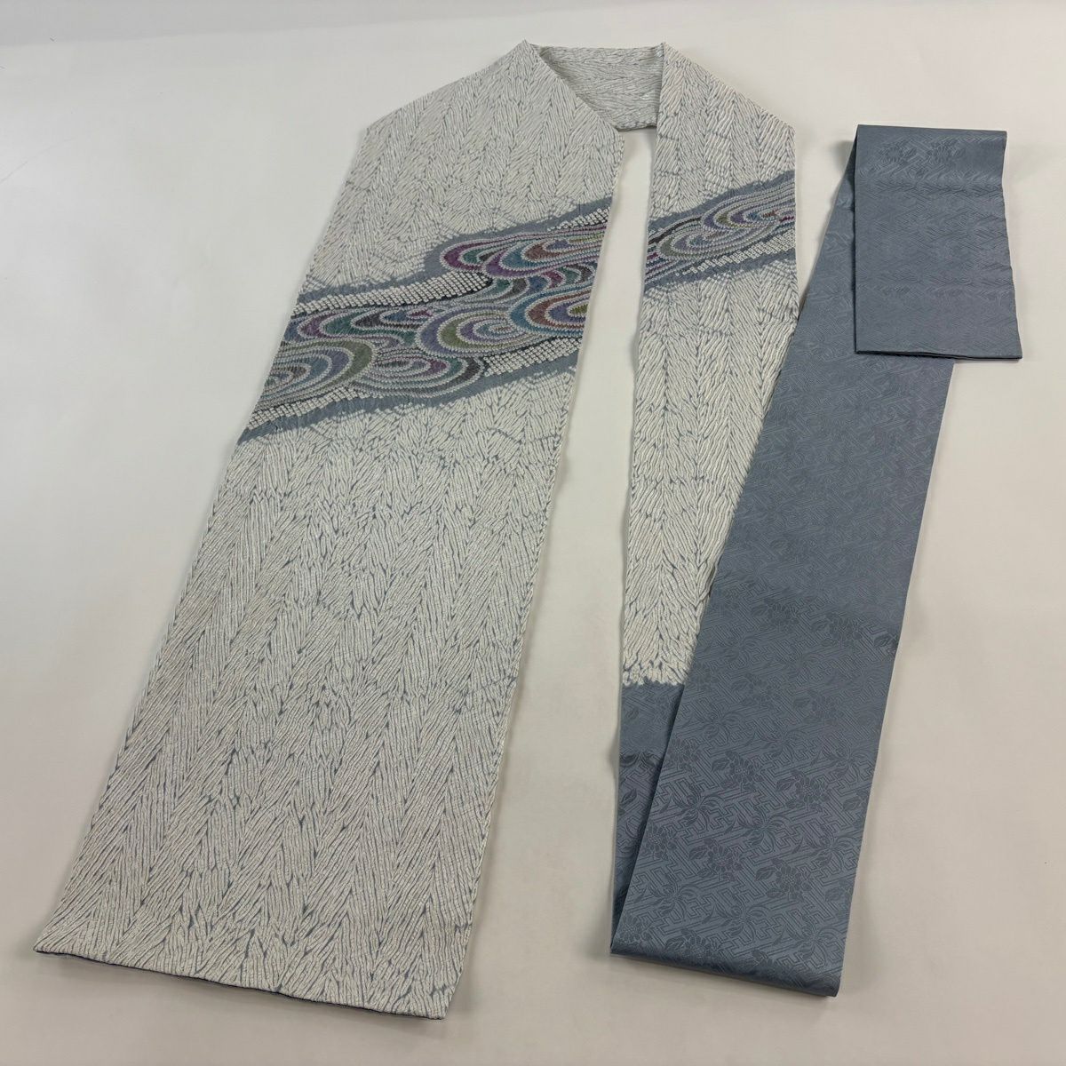 名古屋帶 逸品級 流水 絞染 青灰 純蠶絲