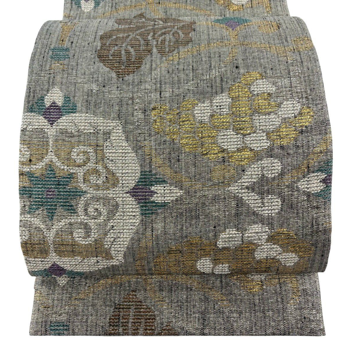 【美品】 袋帶 逸品級 誉田屋源兵衛 落款 葡萄唐草紋 華紋 金金箔 灰色 六通 純蠶絲