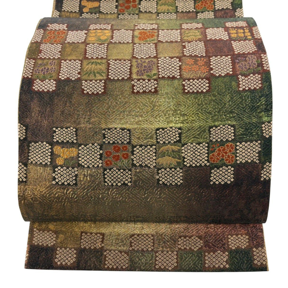 【美品】 袋帶 逸品級 渡文 落款あり 用美錦 松樹竹子梅花 草花紋紋 金金箔 金糸 焦茶 六通 純蠶絲