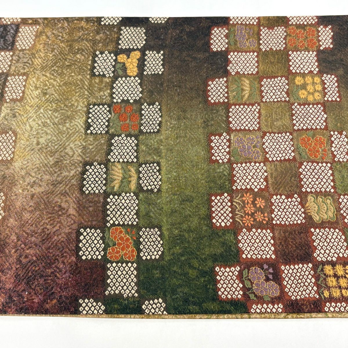 【美品】 袋帶 逸品級 渡文 落款あり 用美錦 松樹竹子梅花 草花紋紋 金金箔 金糸 焦茶 六通 純蠶絲