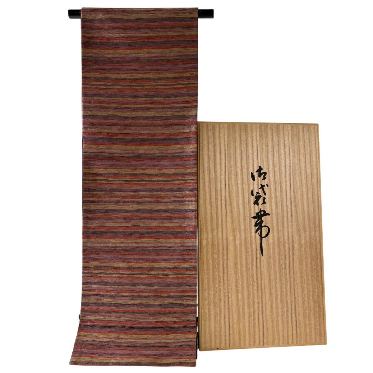【美品】 袋帶 逸品級 證書齊全 小森久 共箱有 條紋圖案 金銀彩 拉麵絲 紫色 六通 純蠶絲