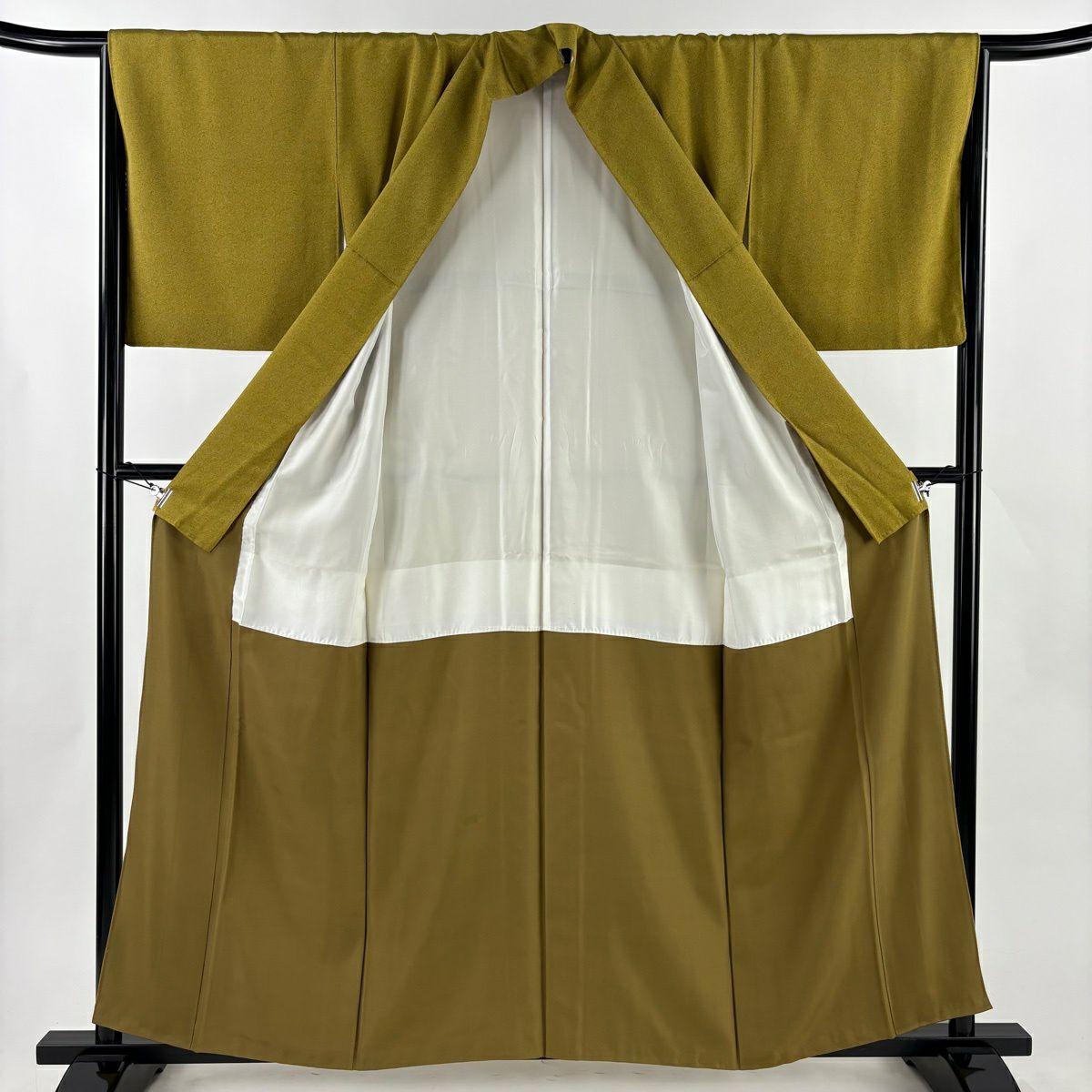 【美品】 江戶小紋 身長159cm 袖長66cm M 雙層 人間國寶 中村勇二郎 落款あり 古代菊花 鶯色 純蠶絲 逸品級 一つ紋