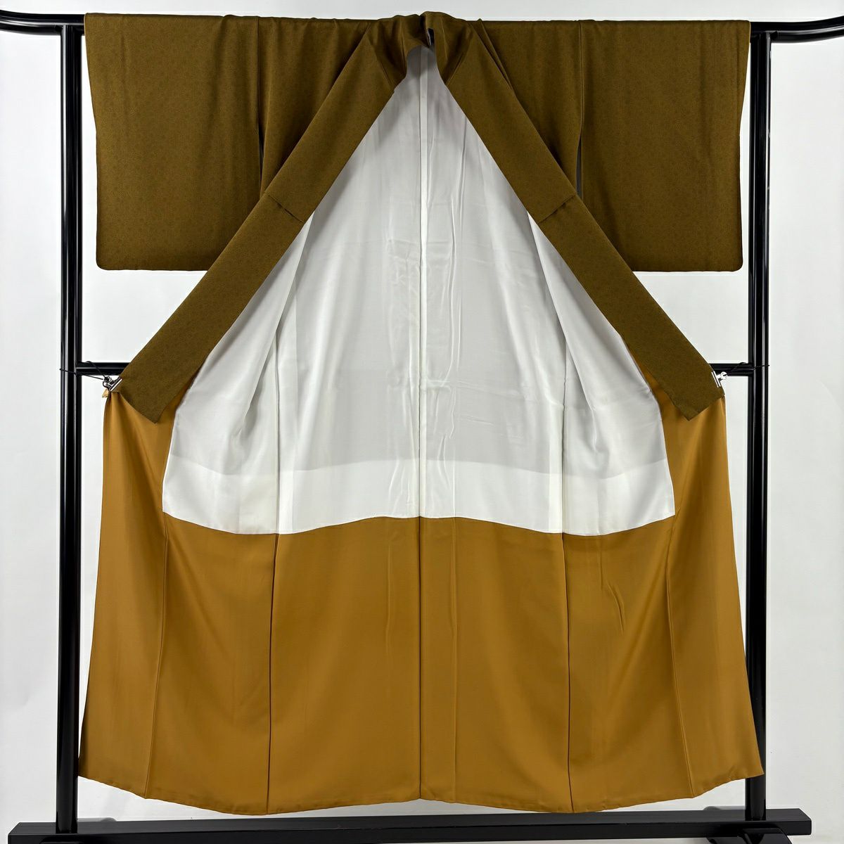 【美品】 江戶小紋 身長153cm 袖長63cm S 雙層 人間國寶 中村勇二郎 落款あり 古代菊花 山吹茶 純蠶絲 逸品級
